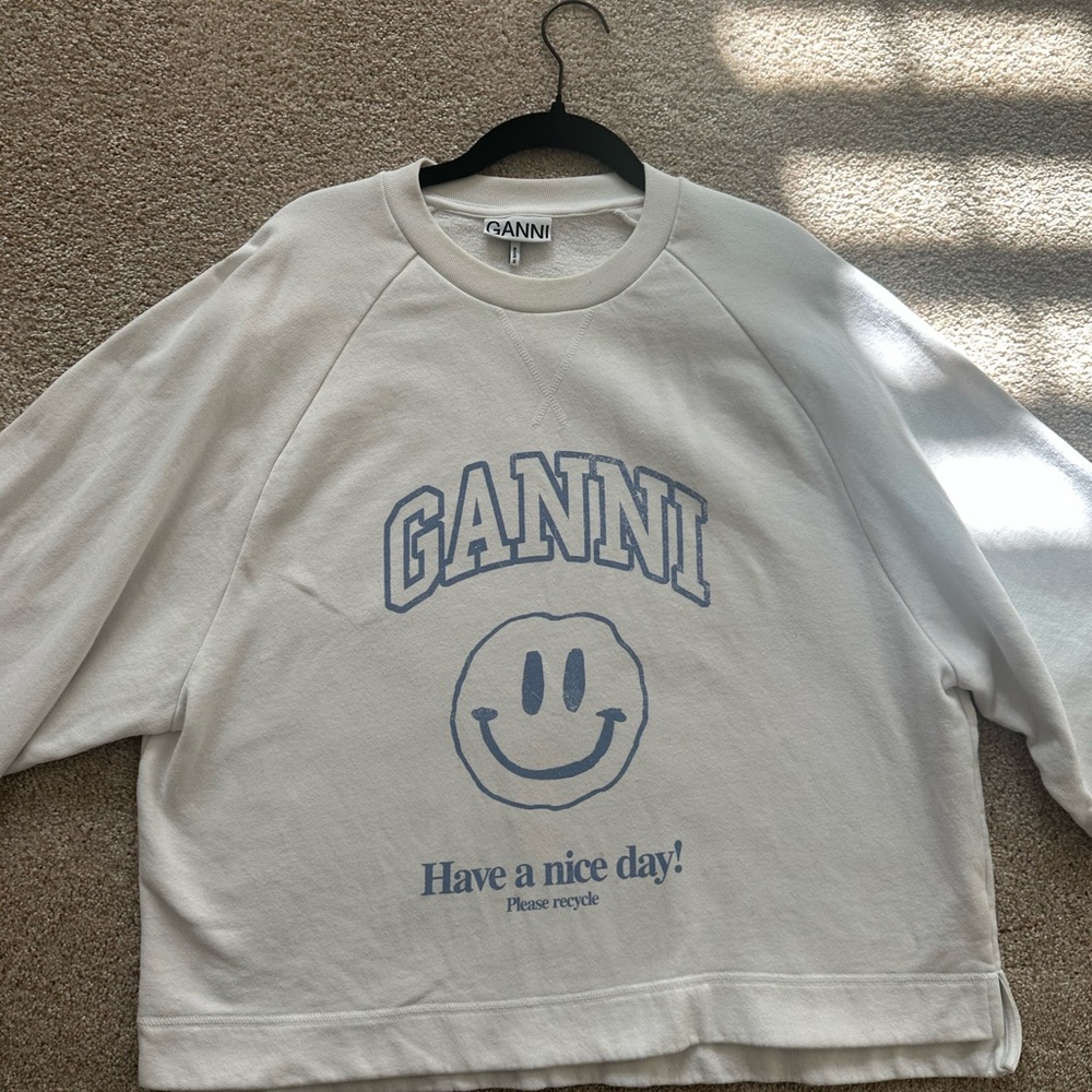 Ganni Cream Crewneck Sweater with Blue Smiley Graphic - Picture 4 of 5